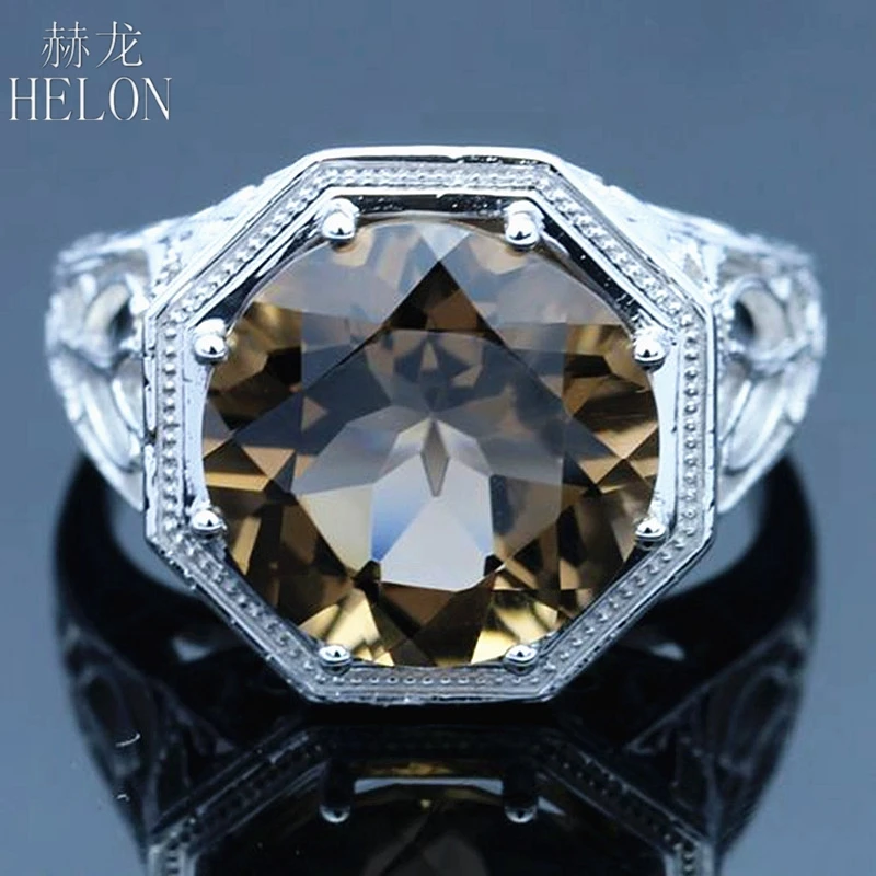 

HELON Solid 10K White Gold Flawless 12mm Round Cut Genuine Smokey Quartz Topaz Engagement Wedding Ring Vintage Fine Jewelry Gift