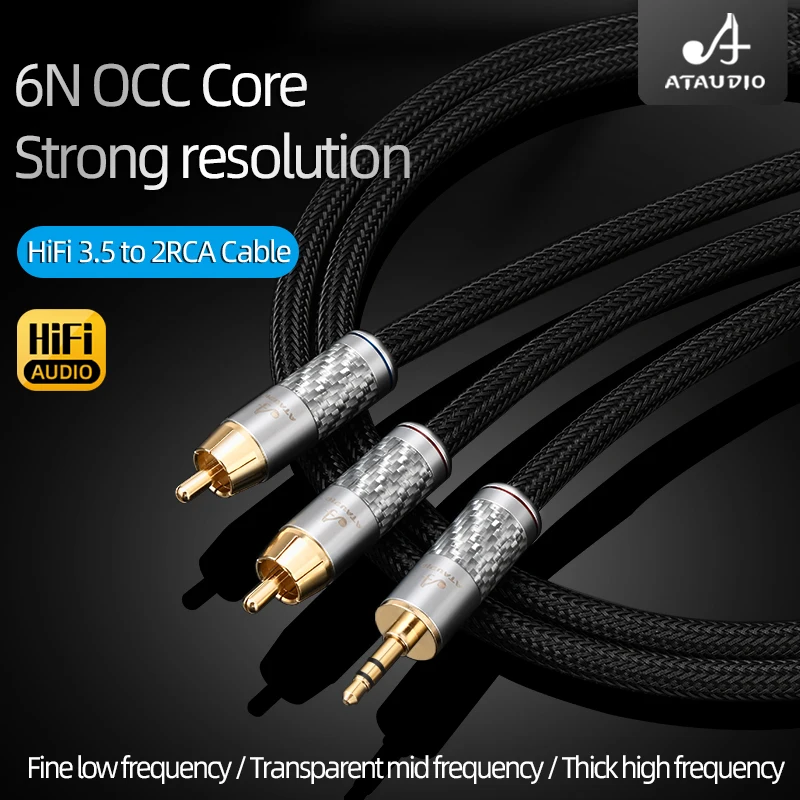 HiFi 3.5 to 2RCA Audio Cable for Amplifier Laptop High Purity OCC Gold-plated Plug 3.5mm Stereo Jack to 2RCA Male Splitter Cable