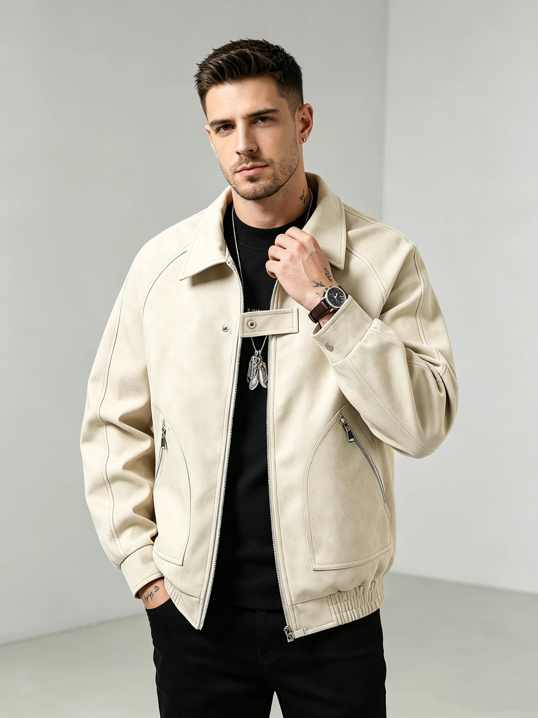 Men's Vintage Washed Distressed Faux Leather Oversized Lapel Zip-Up Bomber Jacket