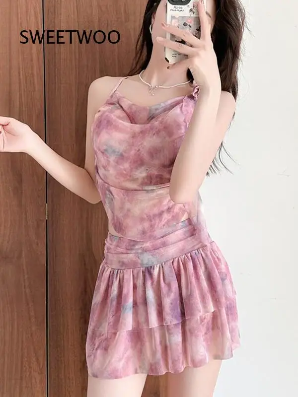 Women Two Piece Tie Dye Swim Dress Spaghetti Strap Cowl Neck Mesh Ruffle Layered Skirt Bathing Suit For Summer Beach Pool