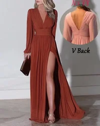 Customized V-neck Long Sleeve Design Feminine Elegant Formal Dresses Slim Waist Split Evening Dress Temperament Pleated V-back P