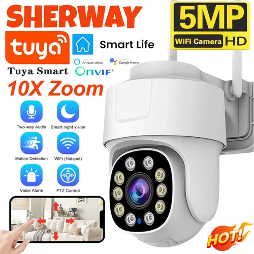 Cámara Wifi con Zoom PTZ 10X, videovigilancia inteligente de seguridad para el hogar para exteriores, cámaras IP inalámbricas de 5MP, seguimiento humano automático AI