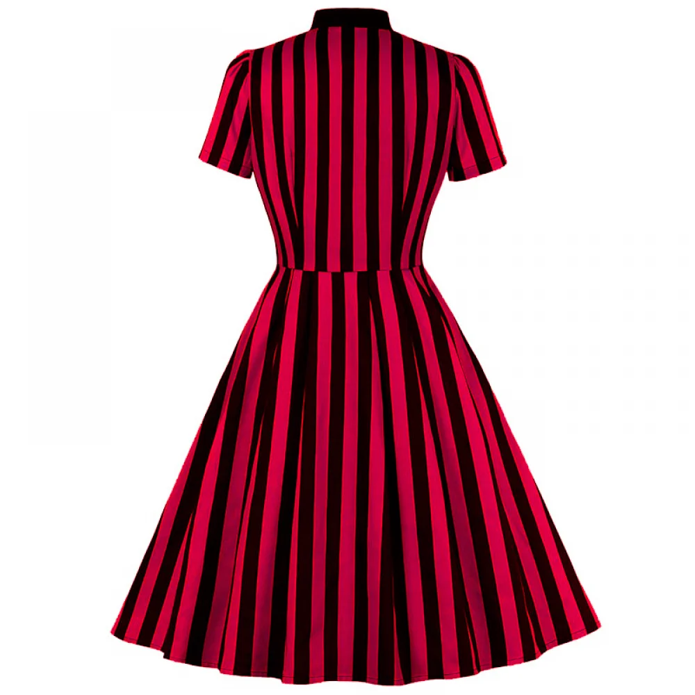 Gaun bergaris 1950-s wanita untuk gaun Retro hitam dan putih gaun motif garis cetak dasi depan Rockabilly kostum Halloween