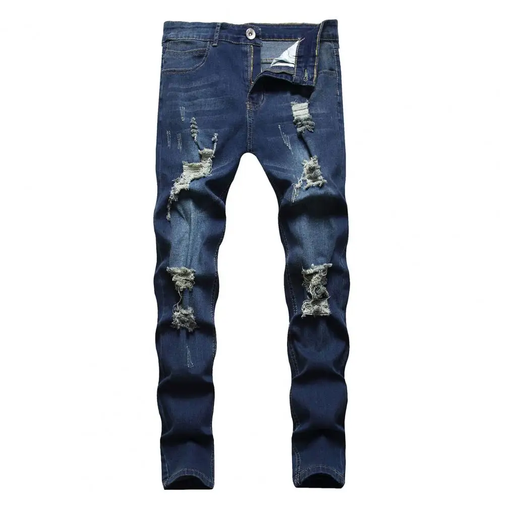 Slanke Mannen Jeans Gescheurde Gaten Ademende Knoop Rits Midden Taille Kleur Bijpassende Hiphop Jeans Potlood Broek