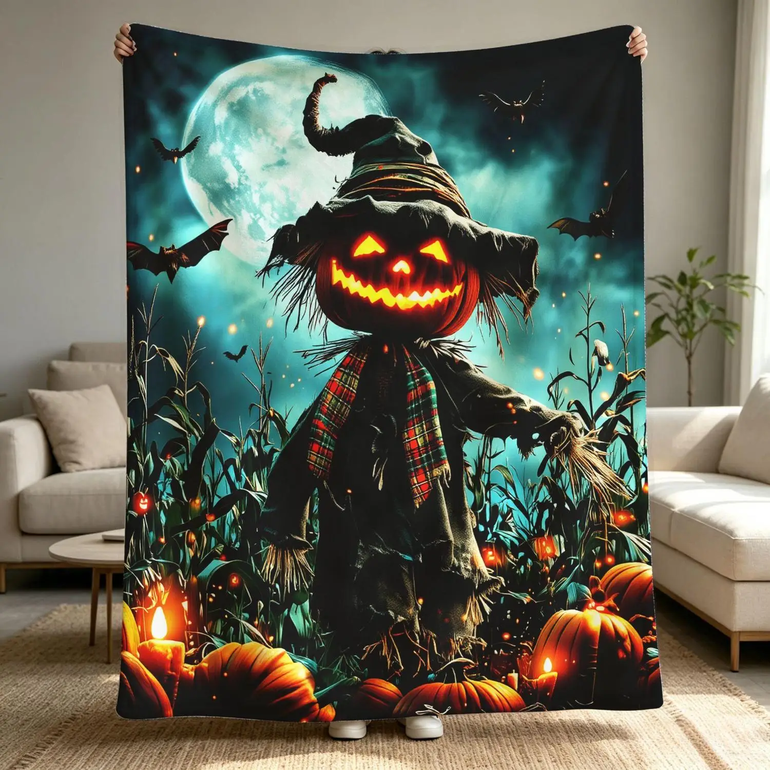 [Flannel Blanket] Halloween-Themed Blanket, Scarecrow Pumpkin Gothic Dark Fantasy Moonlight Cornfield Decoration, Holiday Gift