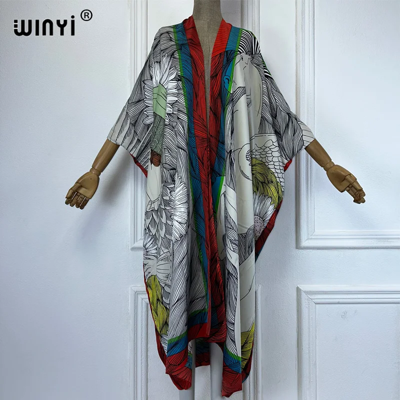 WINYI Artistic portrait print Kimono loose Cardigan beach outfits cover up women kaftan evening dress long down coat party dress