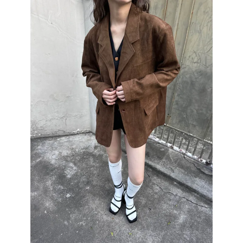 Autumn Suede Silhouette Suit Jacket Women Vintage Lapel Collar Loose Long Sleeve Casual Blazers Coat