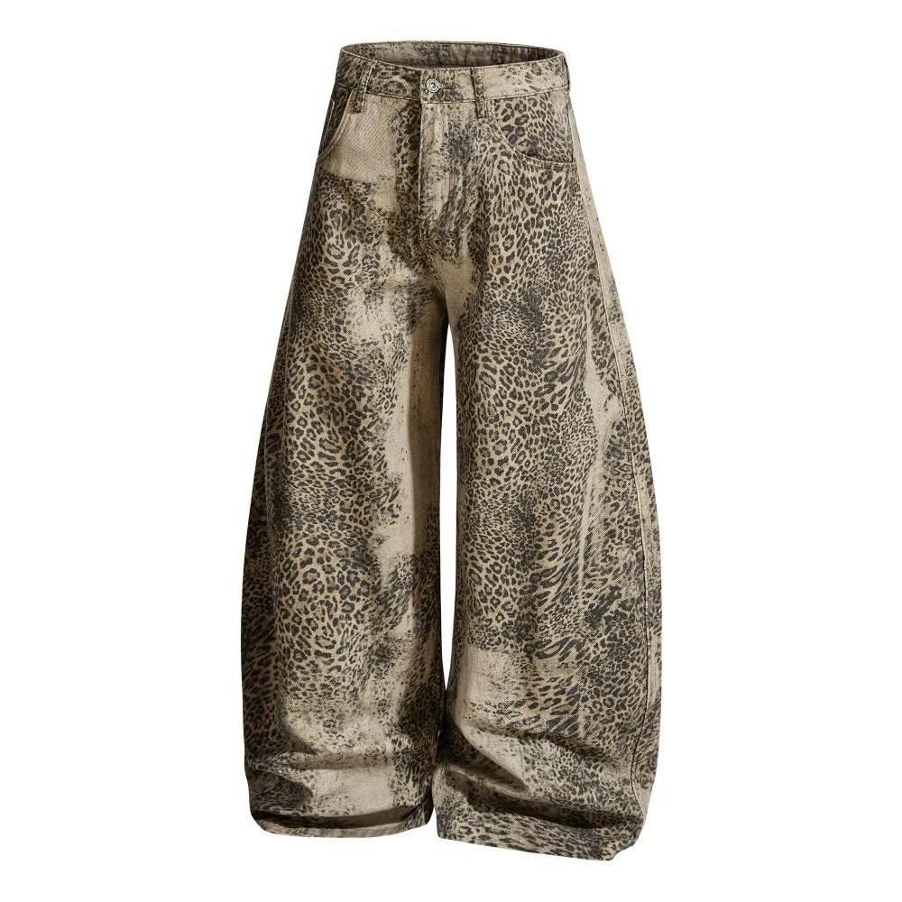 Unisex High Waist Wide Leg Pants 2026 Spring Men's Distressed Pants Leopard Print Loose Floor Length Niche Streetwear Trousers