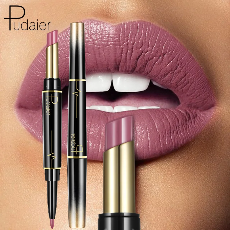 Pudaier Makeup 2 in 1 Matte Lipstick  Lip Liner Nude Lip Stick Pencil Make up Cosmetics Lip Balm Matt Cream Lipbalm Lipliner