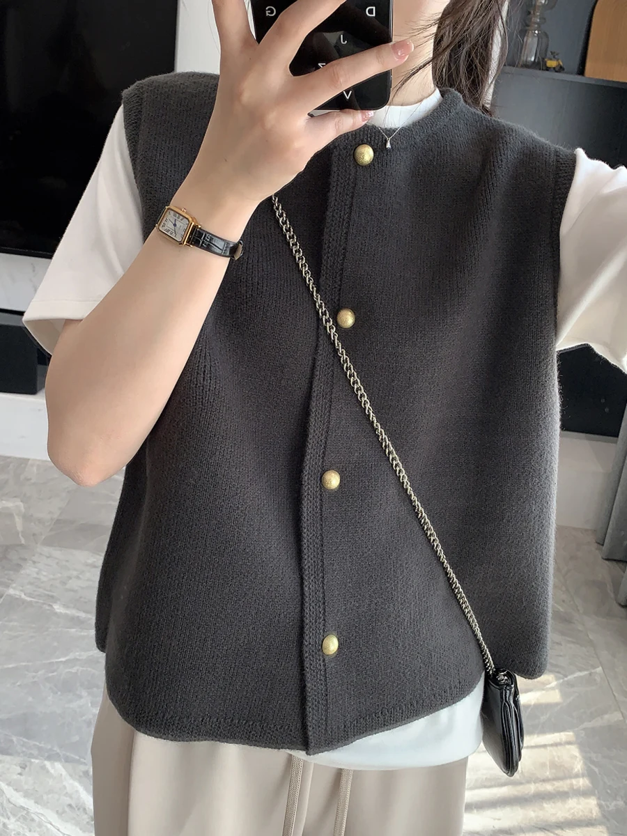 

Zhaokelie вязаный жилет для сенсорной доски свободного покроя круглый топ Ne для поездок на работу с золотыми пуговицами осеннее новое поступление женский повседневный трикотаж