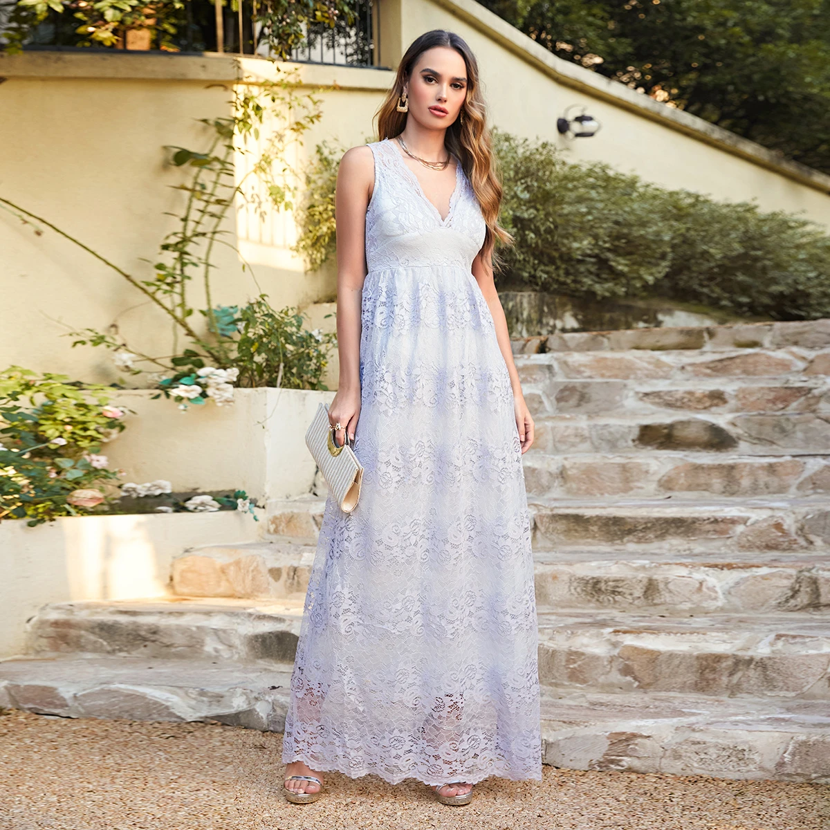 

Elegant Floral Lace Evening Dresses 2025 Sleeveless V-Neck A-Line Long Prom Gowns For Wedding Party