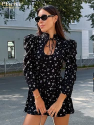 Clacive Fashion Slim Print Women's Dress Sexy Stand Collar Long Sleeve Mini Dresses Elegant Classic Hollow Out Female Dress