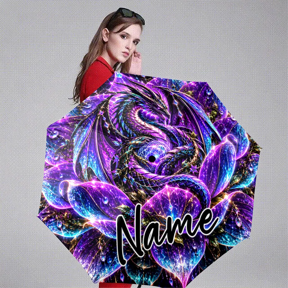 Custom Name Umbrella Violet Dragon and Purple Lotus Flowing Light 8 Iron Ribs Folding Umbrella Auto-Open Fashion Sunshade