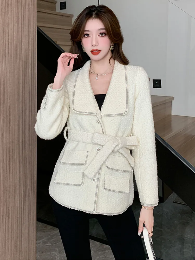 SMTHMA جودة عالية عطر صغير الماس مزاجه سترة صوفية معطف للنساء الدانتيل يصل الأبيض مع معطف القطن رقيقة #4