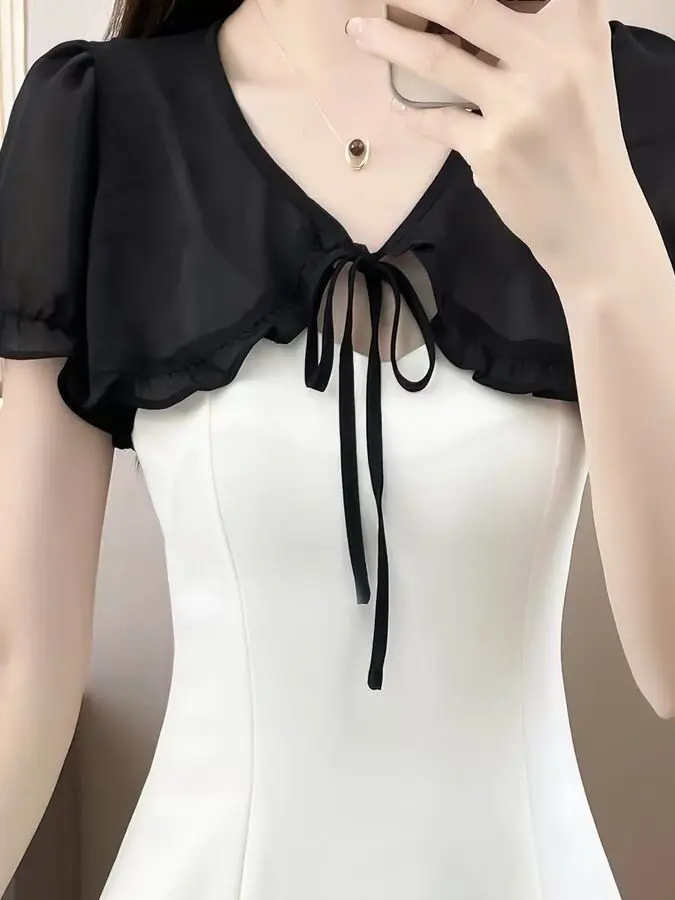 Women's Summer Short Sleeve Shawl Neck V-Neck Bubble Sleeve Lace Top Thin Chiffon Outerwear Cardigan Suitable for Skirts