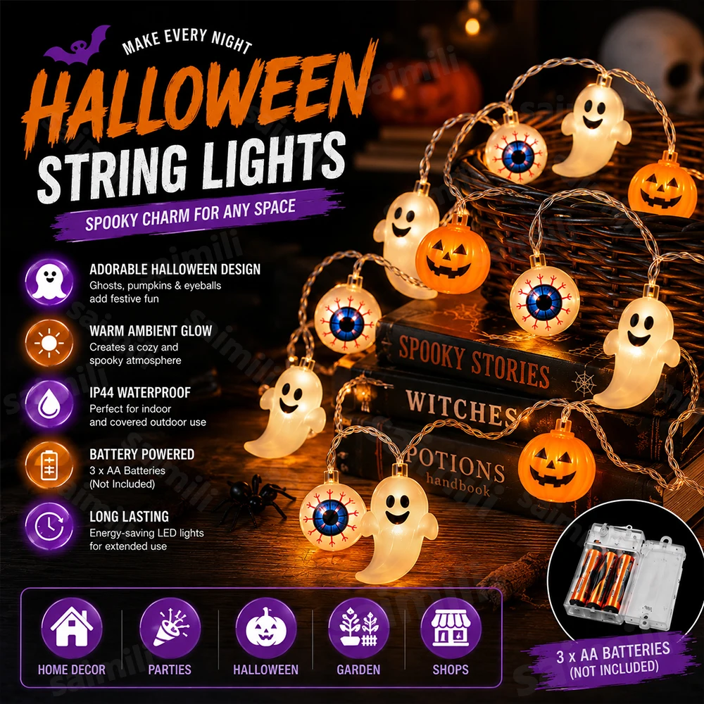 Spooky Halloween String Light Pumpkin Ghost Eyeball LED Warm Lamp For Indoor Outdoor Haunted House Home Holiday Party Decoration