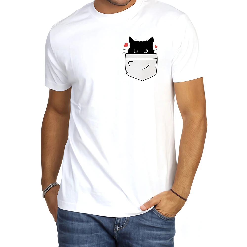 CLOOCL Fashion Animals Cotton T-Shirts Black Cat Fake Pocket Printed Pocket T-shirt Mens Women Short Sleeve Shirts Hip Pop Tops