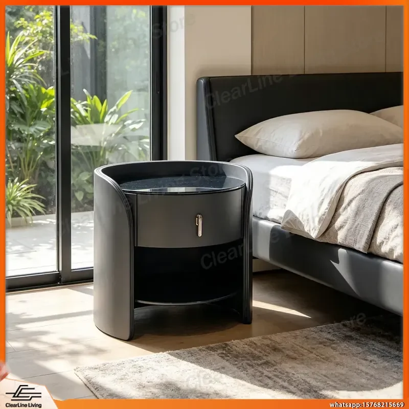 Modern Multi-Tier Solid Wood Plywood Bedside Table with LED Color Changing Light and Soft Leather Finish for Bedroom Decor