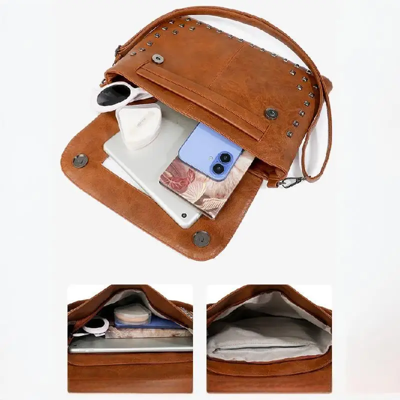 Nowa Modna Damska Torba na Ramię Retro Elegancka Torba Kopertówka z Nitami Luksusowa Torba Kurierska z PU na Dojazdy do Pracy, Zakupy, Randki, Torebka