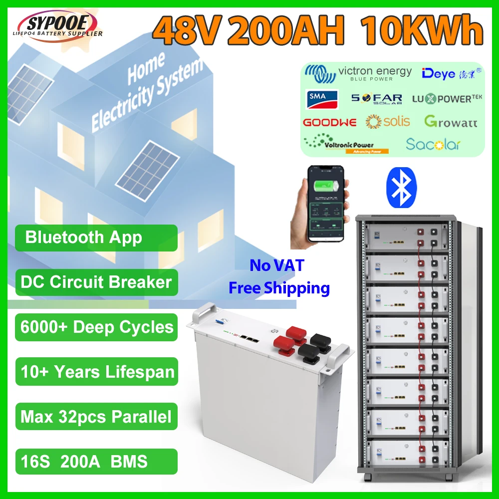 

LiFePO4 48V 200Ah 10KWh Bluetooth Battery 100Ah 150Ah with BMS RS485 CAN,DC Breaker,Max 32 in Parallel Grade-A Cell 6000+ Cycles