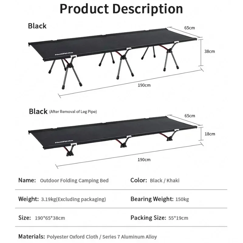 Naturehike Camping Bed Ultralight Sleeping Cot Outdoor Portable Folding Bed Removable Adjustable Telescopic Wide Single Folding