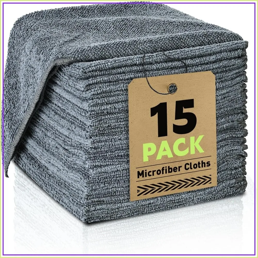Microfiber Cleaning Cloths Bulk 15 Pack - Ultra Absorbent Car Towels, Streak-Free, 12x12 Inches, Gray