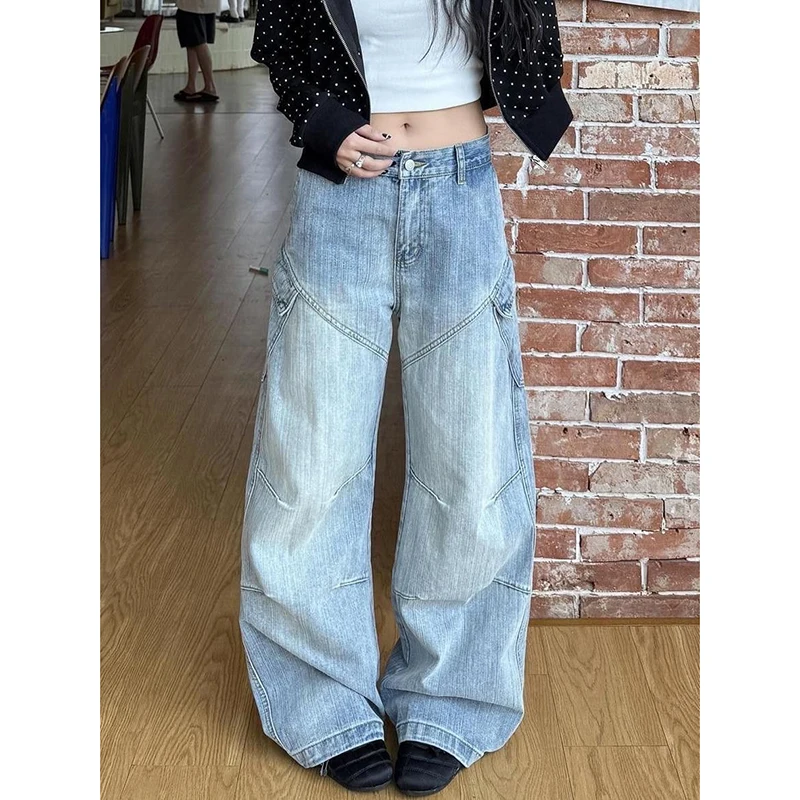 

Womens Blue Jeans High Waist Vintage Straight Winter Y2K Classic Denim Pants Streetwear American Wide Leg Baggy Denim Trouser
