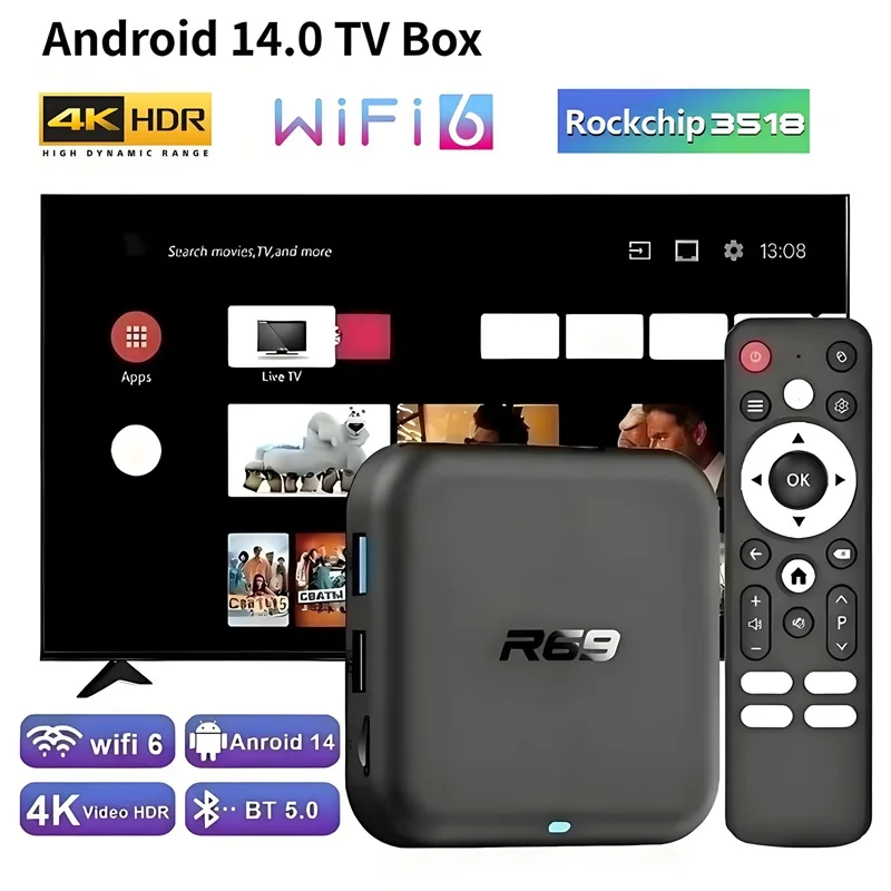 2026 Global R69-1 Android 14.0 TV Box Ultra HD 4K RK3518 Bluetooth 5.0 WIFI Multi Language Smart Media Player Set Top Box IPTV