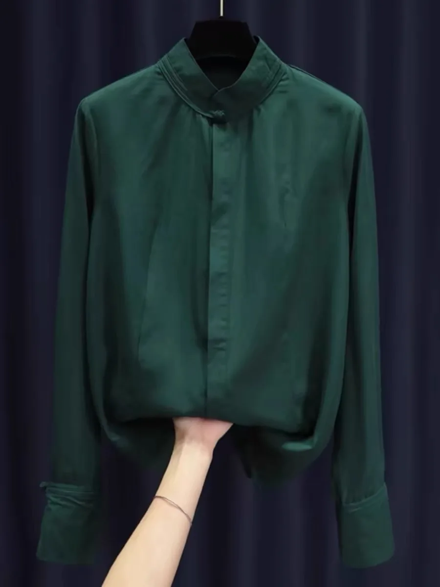 Retro een Silk irt Women's Collarl Button up Long Sve Slim Fit Pure Color Versatile Faionable Stand Collar Top