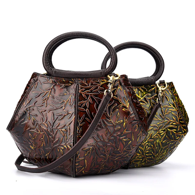 

Genuine Leather Hand Craft Embroidery Fashion Handbags Lady Tote Bag Woman Sac A Mains Luxury Boston Bag