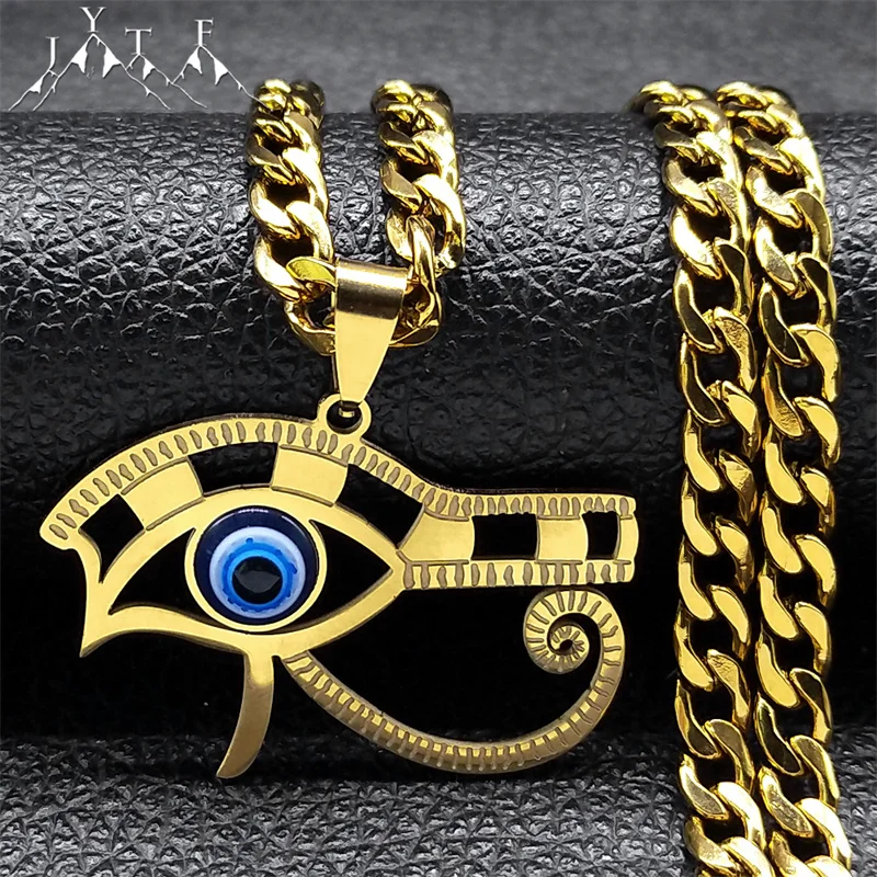 Turkish Evil Blue Eye of Horus Necklace Women Men Stainless Steel Hip Hop Egyptian Pharaoh Necklaces Fashion Jewelry 9716