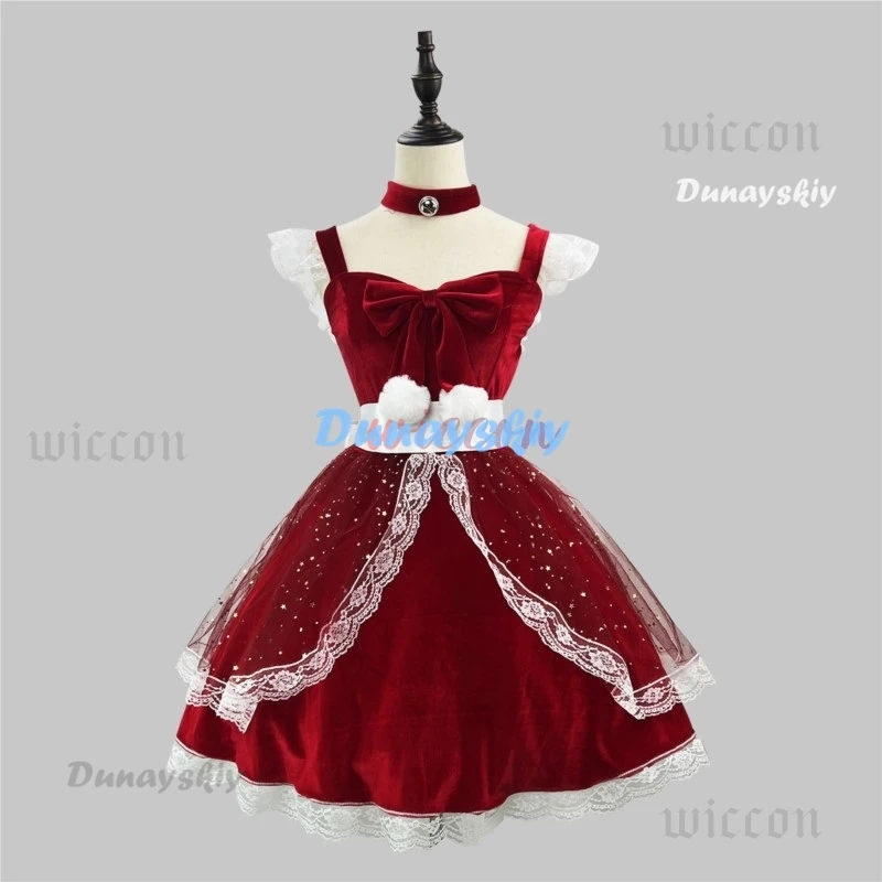 Costume da Babbo Natale di Natale Abito sexy in pizzo con fiocco di neve Halter BackBow Dress Uniform Abiti caldi in peluche Costumi Cosplay