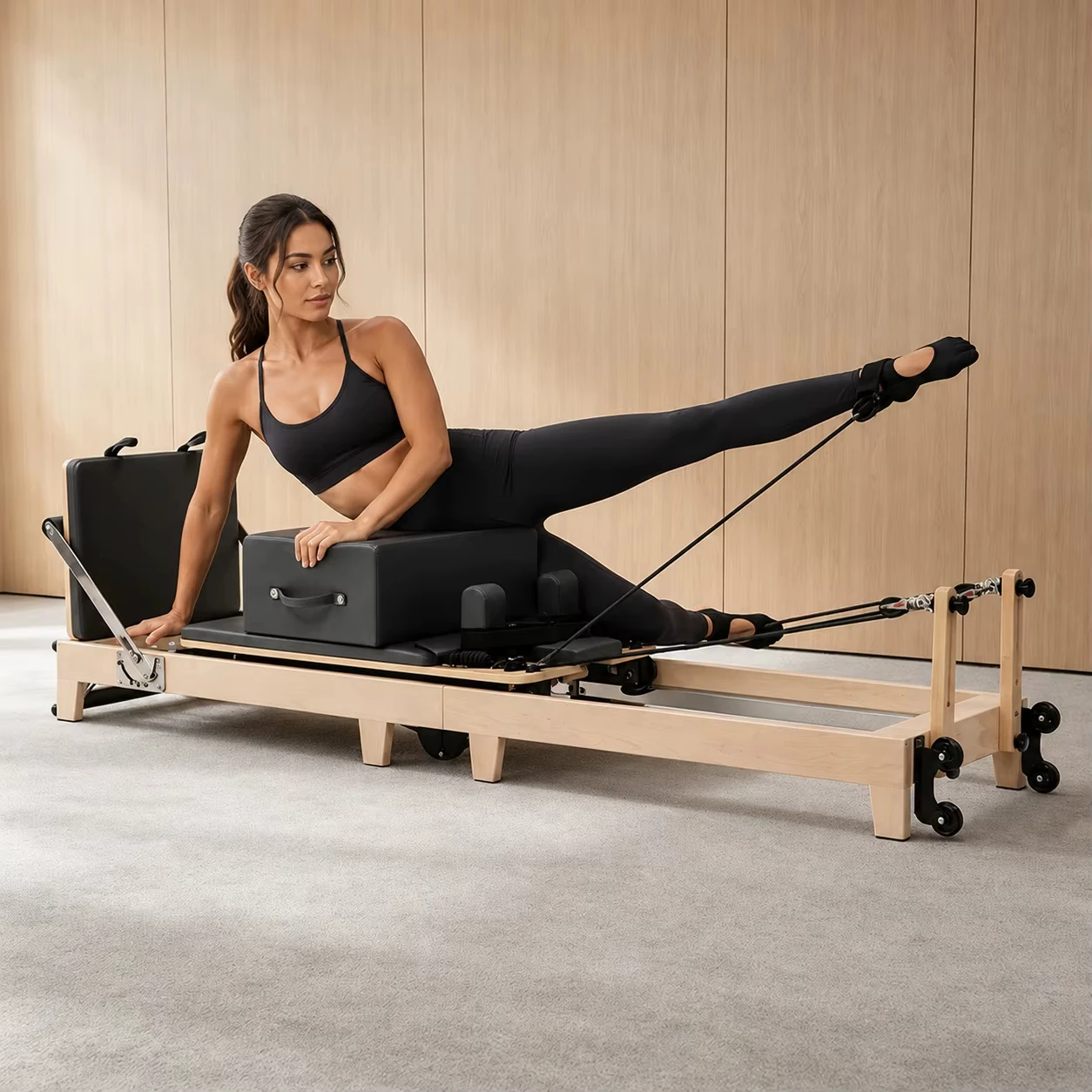 Solid Oak Pilates Reformer with Silent Pulley System and Mobile Casters, Ideal for Yoga Studio Full Body Workout Training