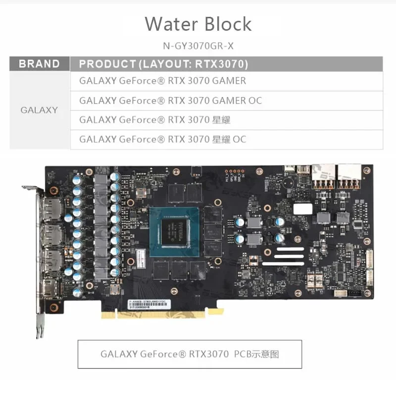 Bykski N-GY3070GR-X Blocco acqua da utilizzare per GALAXY RTX 3070 GAMER OC Scheda GPU / Blocco radiatore in rame a copertura totale / Prevenire la corrosione
