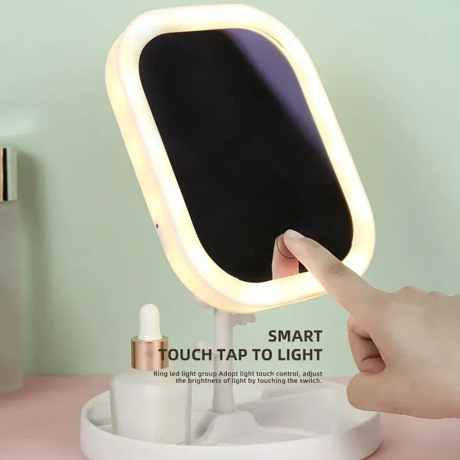 LED Vanity Mirror Intelligent Adjustable Monochrom Makeup Mirror 3color Light Desktop Fill Light Mirror One Touch Charging Model