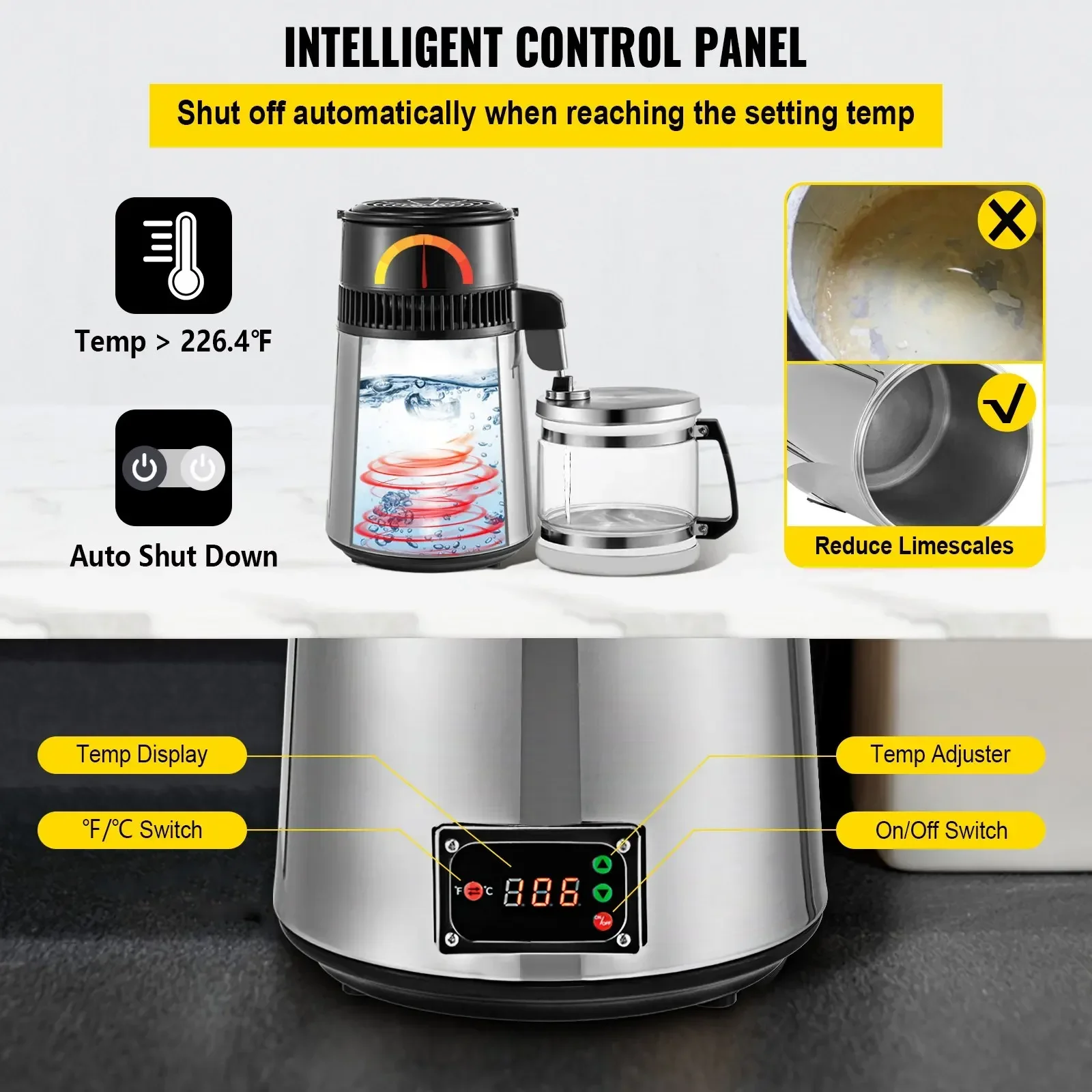 VEVOR 4L Water Distiller Machine 750W Stainless Steel Water Distiller Water Purifier Filter w/Collection Bottle for Kitchen Home