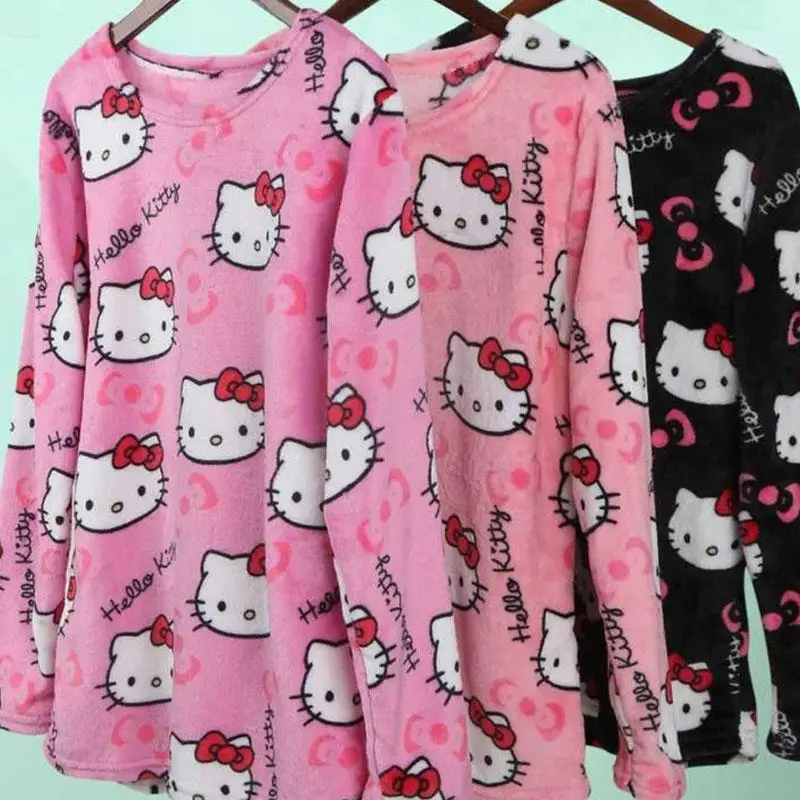 Sanrioed Cartoon Hello Kittys Long Sleeve Pajamas Women Soft Flannel Casual Tops Warmth Anime Autumn Winter Women's Home Clothes