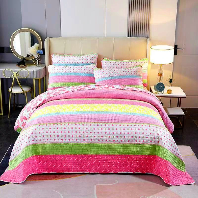 Pure Cotton Quilted Bedspread Set Pink Splicing Stripe Bed Cover Single Queen Size Coverlet Princess Cute Quilt Non-slip Sheet