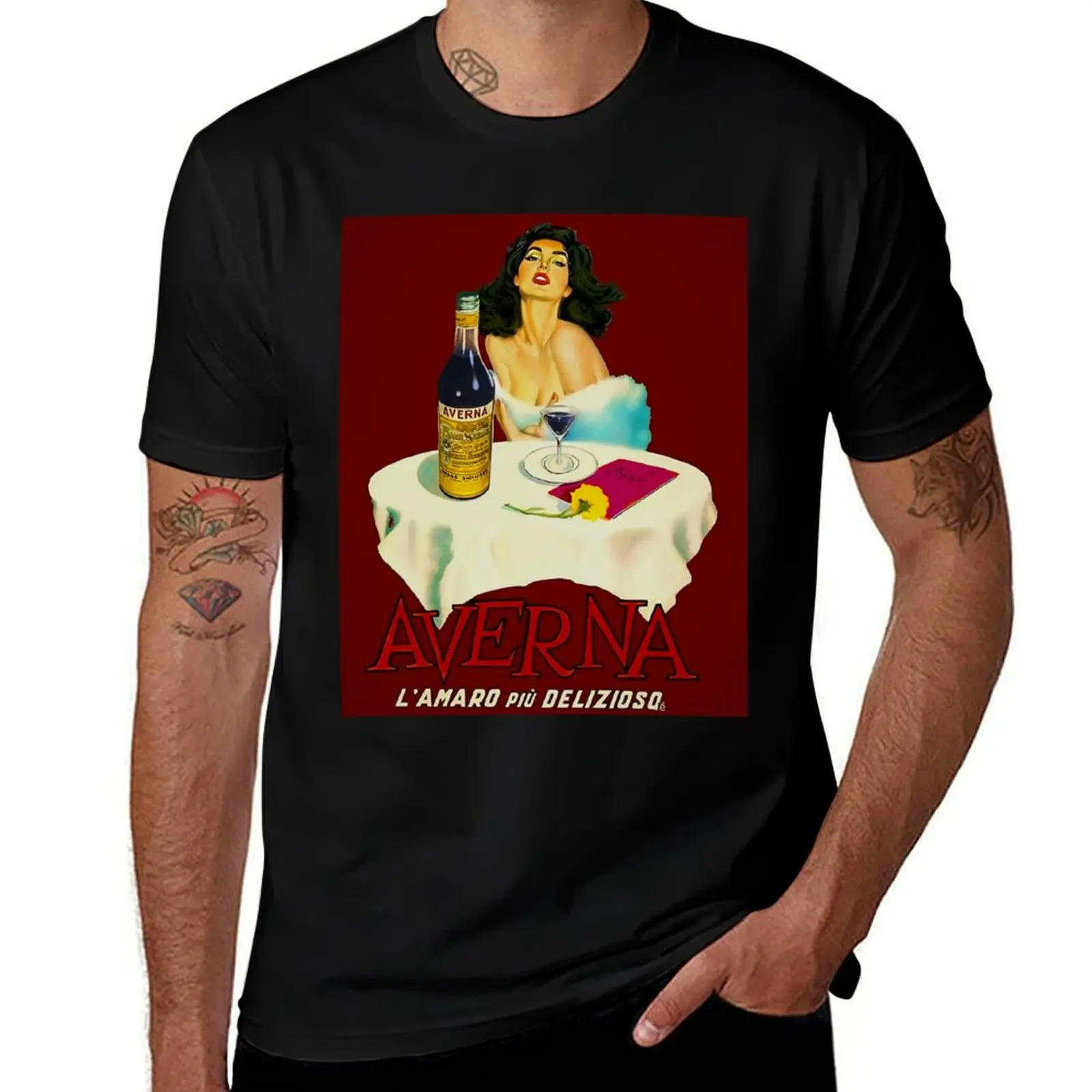 

Vintage Italian liqueur Averna Amaro Sicilia aperitif alcoholic beverage advertising brunette at cafe advertisement post T-Shirt