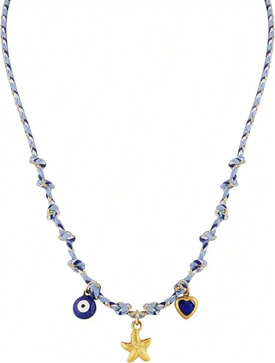 

Blue Braided Cord Necklace with Evil Eye, Heart & Starfish Charms
