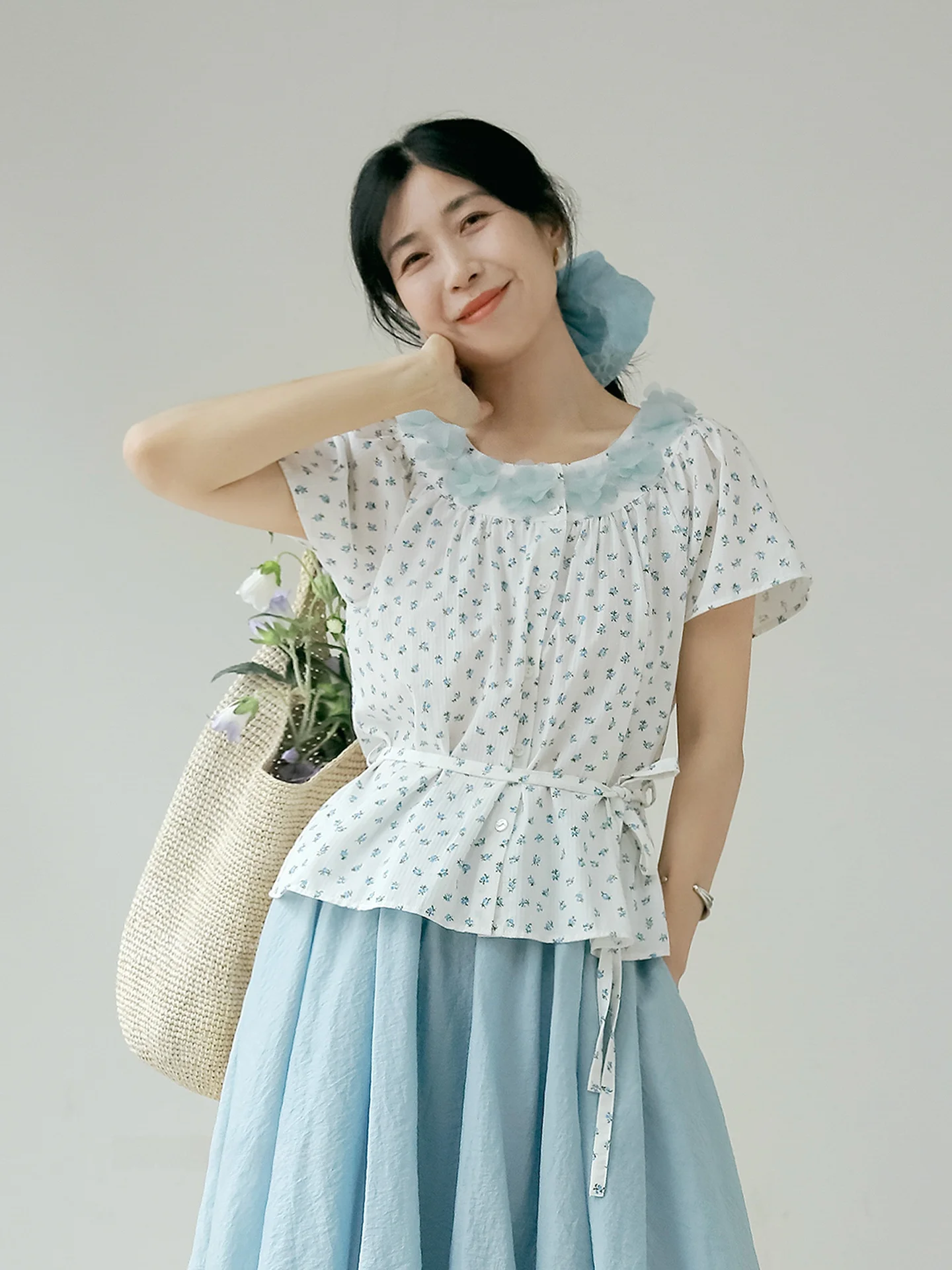 

High Densi 00% Cotton ort Sve Floral Print irt Women's Top with Tie Design Loose Fit Breathable Comfortable Summer ...