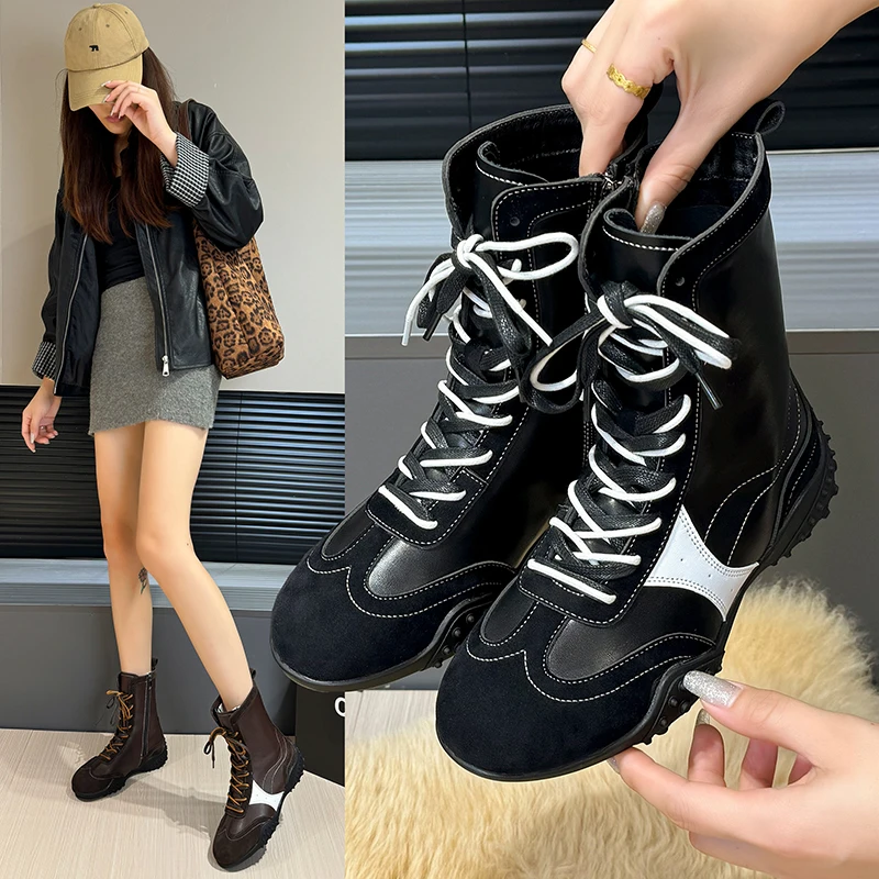 

Thick-soled Round-toe Lace-up Color-blocked Fashionable, Versatile, Comfortable, Anti-slip and Breathable Women's Fashion Boots