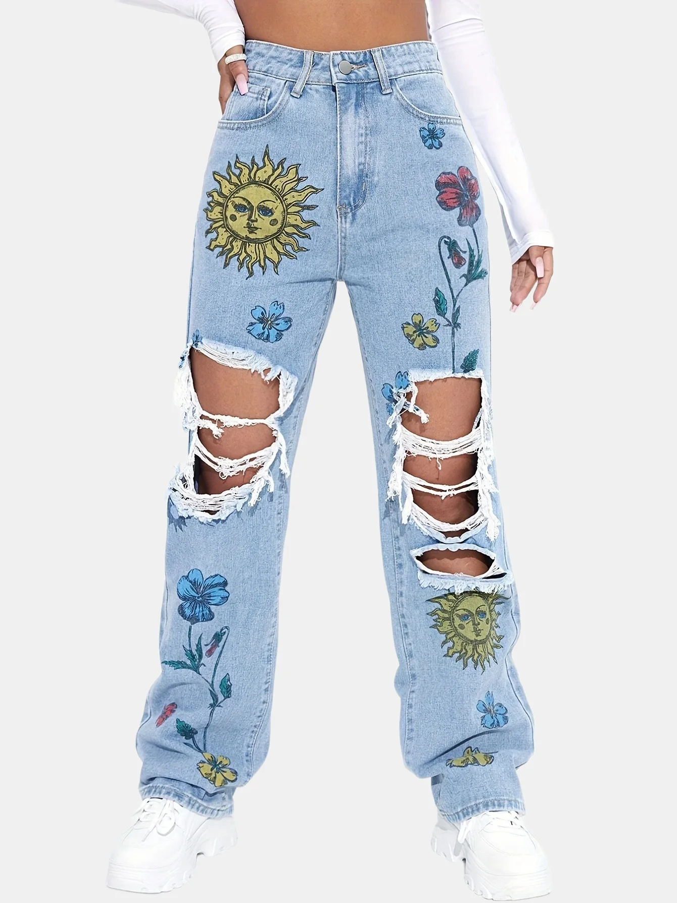 Europe and America Women Spring and Summer New Washed Ripped High-waisted Jeans, Women's Fashion Print Straight Leg Pants Jeans