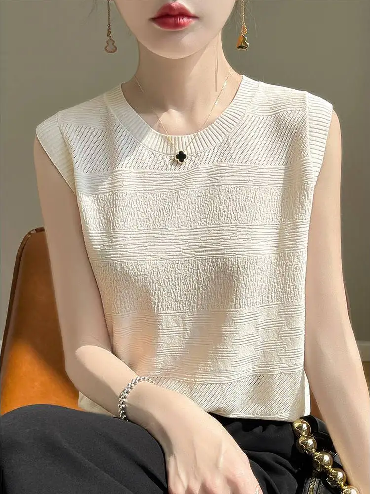 

Лето 2023, вязаный жилет из ледяного шелка, дизайн с бретелями, базовый слой, топ, повседневная верхняя одежда длиной до пола, однотонная верхняя одежда