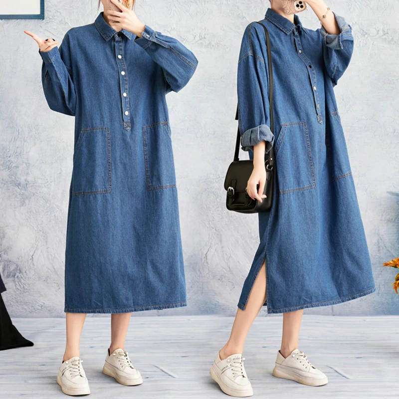 

Джинсовое платье больших размеров с длинным воротником-свеком и пуговицами Dr Длинное платье с прикрытием живота Длинное повседневное платье для поездок на работу