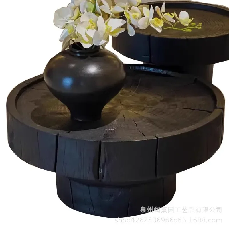 Nordic Black Carbonized Solid Wood Round Coffee Table Wabi Sabi Style Log Stump Side Table for Hotel Hall Living Room Decor
