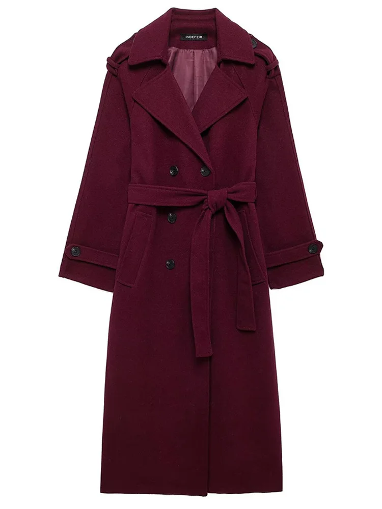 

HH 2024, женское винно-красное твидовое пальто с поясом, отложным воротником, длинными рукавами и карманами, двубортное женское уличное пальто