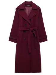 HH 2024 Women Wine Red Tweed Coat With Belt Turn-Down Collar Long Sleeve Pocket Double Breasted Female High Street Outerwear