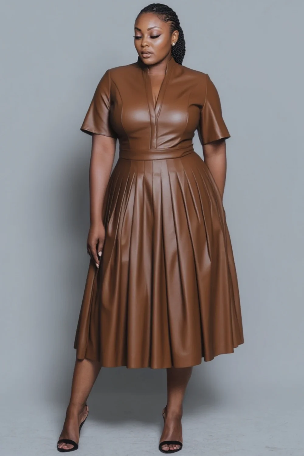 بالإضافة إلى حجم الأعمال عارضة براون الخامس الرقبة قصيرة الأكمام مطوي أنيقة بو الجلود فساتين متوسطة الطول