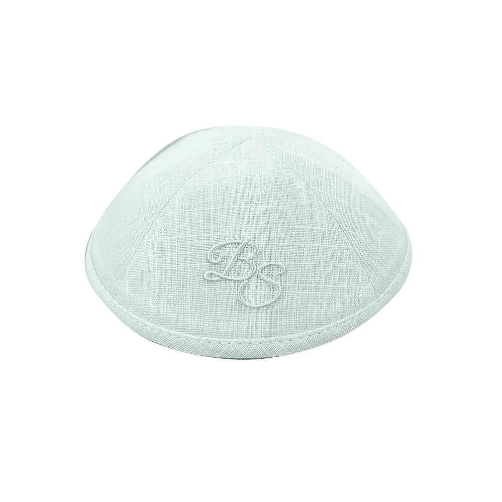 Customized white linen kippots with white embroidery